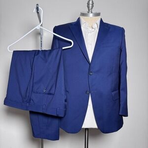 Hart Schaffner Marx Suit Mens 44S W38xL25.5 Blue Solid Wool New York Fit Soft